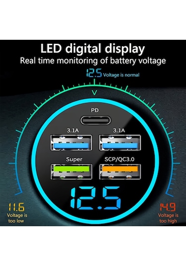 5 Port Usb Süper Hızlı Şarj Akıllı Telefon Şarj Algılama Dijital Ekran Araç Adaptörü Cep Telefonu Şarj Cihazı
