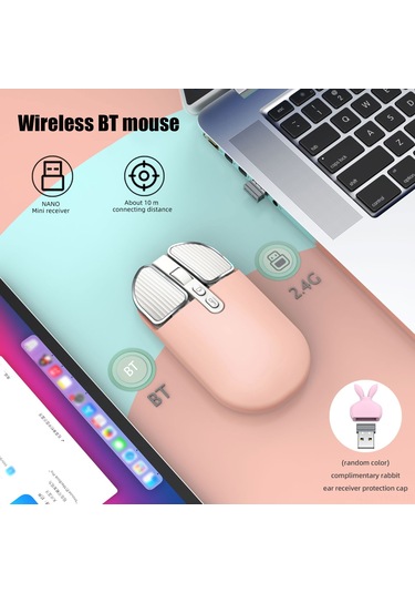 Geeksen Kablosuz Fare T600 - 2.4g/bt5.1 Çift Bağlantı, Sessiz Tasarım, Şarj Edilebilir 500mah Pil, Pembe 112 Karakter Diğer