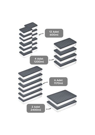 Meleni Home 24 Parça Mikrodalga Uyumlu Saklama Kabı 2x2400 ML 4x1200 ML 6x1170 ML 12x600 ML Antrasit
