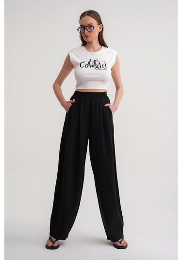 4682 Kadın Beli Lastikli Jogger Bol Keten Pantolon Siyah Siyah