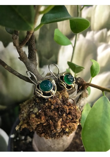 Gumusevi Yeşil Akik Taşlı Gümüş Küpe 925 Ayar El Işi N11.96536