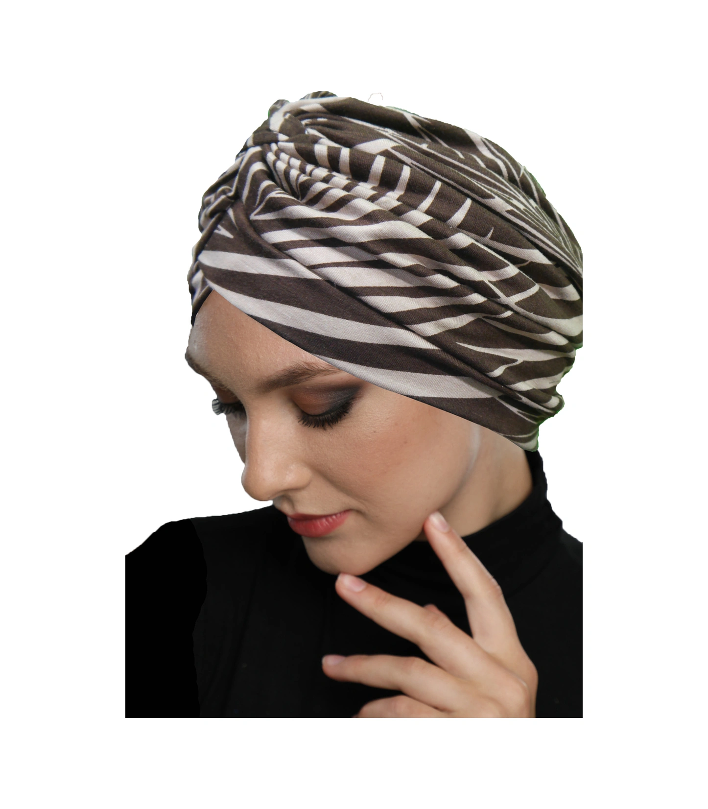 Zebra Luxe Desenli Çapraz Ve Bant Detaylı Astarlı Hazır Türban Tesettür Havuz Bonesi Kahverengi-bej