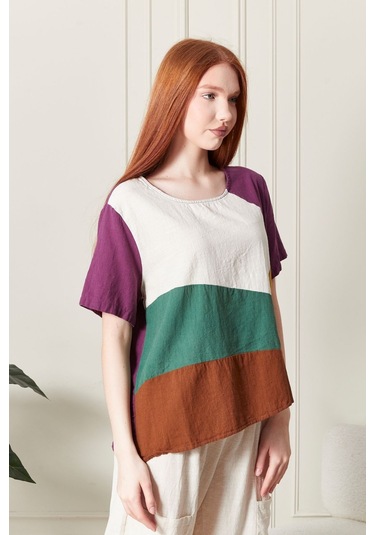Keten Gökkuşağı Asimetrik Kesim Bluz Renkli Ve Şık Tasarım Mürdüm