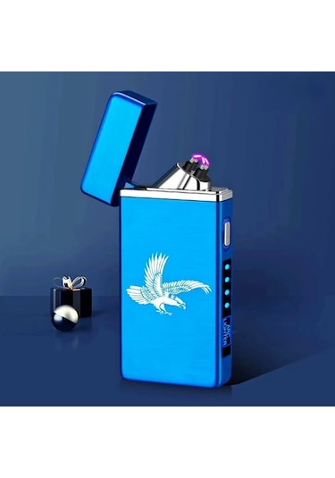 Techbloom Blue Eagle Kişiselleştirilebilir Led Ekranlı Rüzgar Geçirmez Çift Arklı Alevsiz Usb Şarjlı Elektrikli Çakmak Açık Gri