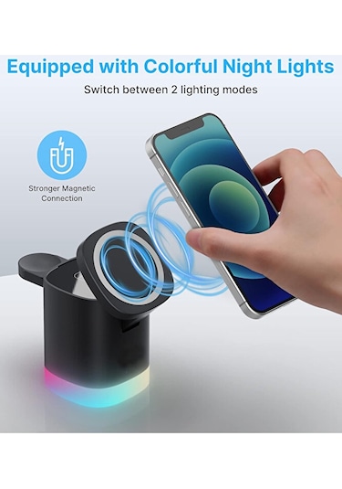3in1 Magsafe Uyumlu 15w Rgb Kablosuz Şarj Standı Apple Uyumlu iPhone Android T
