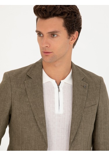 Cacharel Haki Slim Fit %100 Keten Ceket Yesıl