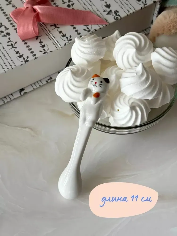 Yaleker Seramik Kedi Şekilli Kelebek Ve Kaşık Seti - Asaiblir, Pembe, 300 Ml, 2 Adet, Genç Kızlar İçin Hediye Beyaz