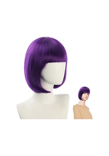 Hangfox 30 Cm Mor Kısa Düz Saç, Isı Dayanıklı Sentetik Fiber, Ayarlanabilir Franjlı, Halloween Parti Kostümü Saç Takımı