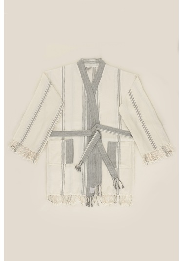 Raw Pamuk Yarasa Kol Natural Çizgili Kimono S-m 1516a Krem