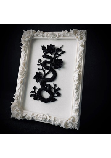 Eterna Yılan & Çiçek Rölyef Beyaz Tablo Varaklı Çerçeve 170mm X230mm