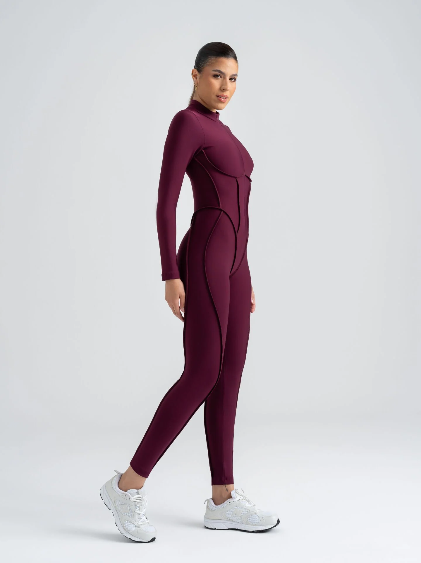 Dikişle Modellenmiş Spor Tayt Tulum Mürdüm