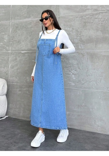 Shevega Kadın Uzun Mavi Bahçivan Askili Elbise Lacivert