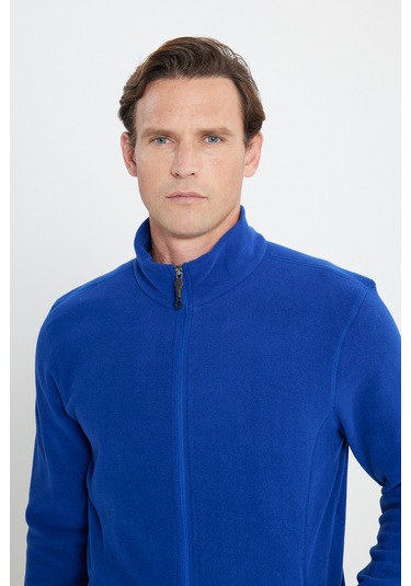 AC&Co / Altınyıldız Classics 4A5221100014SKS3XL Standart Fit Fermuarlı Bato Yaka Polar Erkek Ceket Saks Mavisi