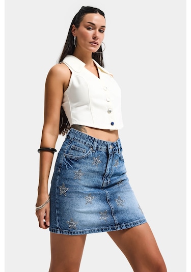 Itsbasic Kadın Mavi T-4s6-4 Straight Mini Parlak Yıldız Taşlı Özel Tasarım Denim Etek