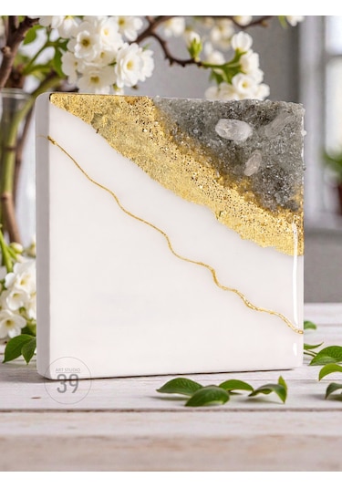 Geode Bianco Kuvars Taşlı Modern Epoksi Duvar Tablosu Enerjisel & Dekoratif Sanat 20x20 Cm
