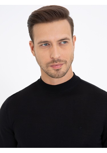 Cacharel Siyah Slim Fit Çeyrek Balıkçı Yaka Basic Triko Kazak