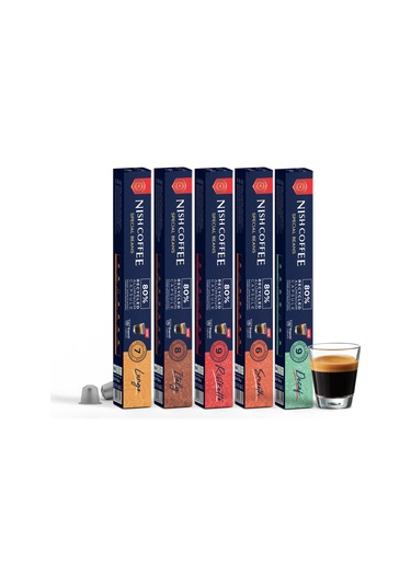 Nish Coffee Nespresso Uyumlu Kapsül Kahve 5'li Set Lungo,ıtaly,risteretto,smooth,decaf -50 Adet Kapsül Kahve