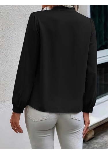 Kadın Uzun Kollu Yakalı Yakadan Bağcıklı Düğmeli Sandy Bluz Siyah