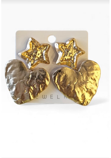 Yıldız Ve Kalp Detaylı Gold Küpe Altın