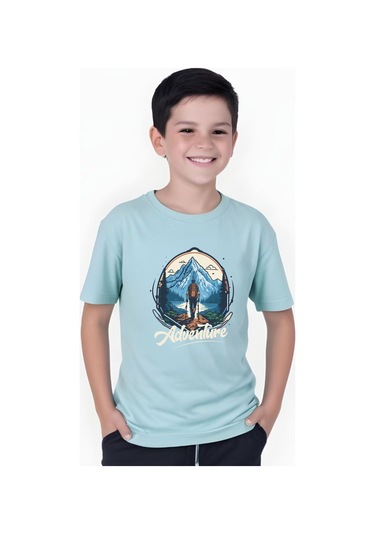 Adventure Baskılı Erkek Çocuk Yuvarlak Yaka Kısa Kollu T-shirt Mint Yeşili