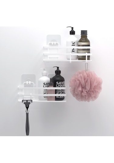 Teknotel Yapışkanlı Kancalı 2 Adet Banyo Rafı Beyaz St281h Mat Siyah