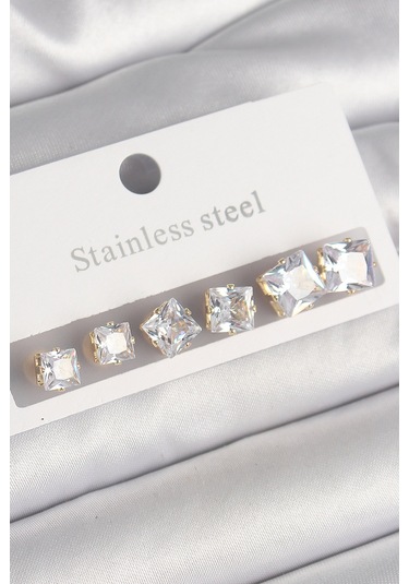 316l Çelik Gold Renk Kare Zirkon Taş Model Kadın Küpe Seti Çok Renkli