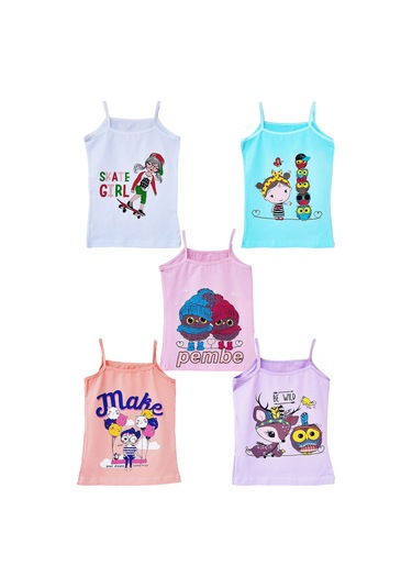 5li Kız Çocuk İp Askılı Atlet Pamuklu Baskılı Rengarenk Kaliteli