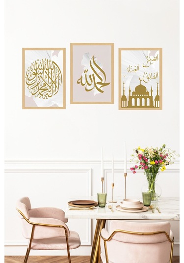 Altın Varaklı İslami 3 Lü Tablo Seti Şık, Anlamlı Ve Estetik Çerçeve Efektli Crvs1228 30 X 40