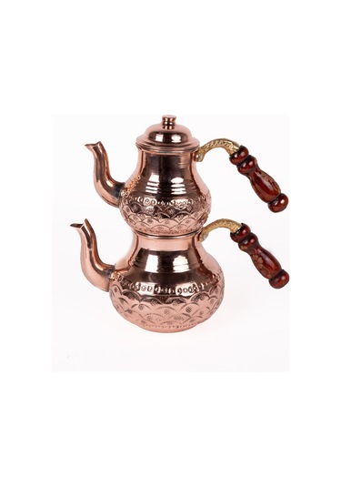 Dmt Gaziantep Bakırdan Bakır Çaydanlık El İşlemeli Yüzeyi Ve Özel Kulplu Toplam Boy :21 Cm En:alt 11 Cm Üst 10 Cm