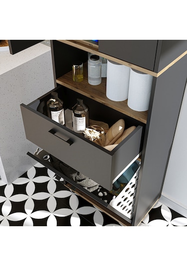 Çamaşır Sepetli Banyo Dolabı, Çok Amaçlı Dolap 60 X 200 Antrasit- Atlantik Çam