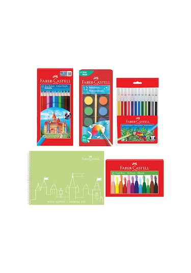 Faber-Castell Boyama Seti ve 25x35 Resim Defteri – Sulu, Pastel, Keçeli, Kuru Boya ile (Karma Renk Gönderilir)