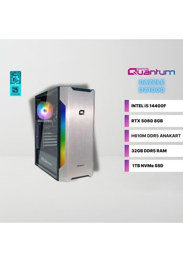 Quantum Gaming DAZZLE DZ1000 i5-14400F 32 GB 1 TB NVMe 8 GB RTX5060 Free Dos Masaüstü Oyuncu Bilgisayarı