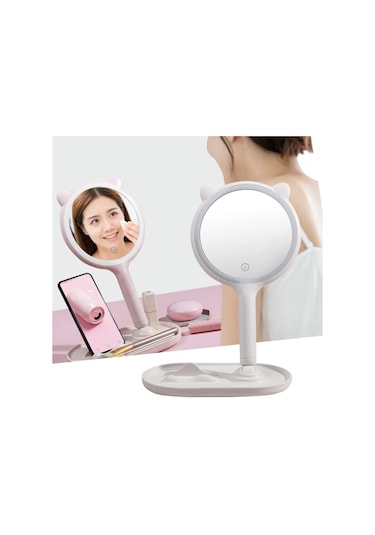 Kedi Kulaklı Telefon Standlı Yuvarlak Dokunmatik Led Ayarlı Masa Üstü Makyaj Aynası Renkli