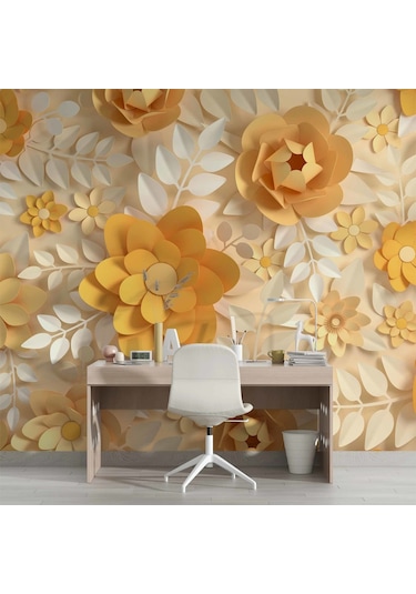 3 Boyutlu Kağıt Sarı Kabartma Çiçek Duvar Kağıdı