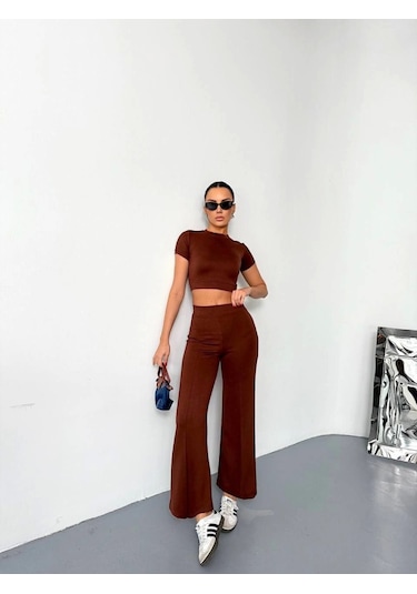 Osy Modal Yumuşak Dokulu Kumaş Kısa Kollu Crop Alt Ispanyol Paça Pantalon Ikili Takım - Kahverengi Kahverengi