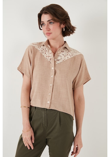 Lela Dantelli Relaxed Fit Kısa Kollu Bayan Gömlek 5865764 Taş
