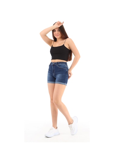 Cedy Denim Kadın Yüksek Bel Duble Paça Kot Şort Klasik Mini Jean Şort C604 Lacivert