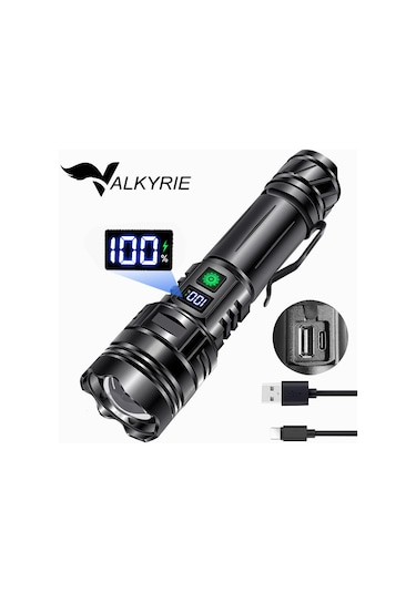 Valkyrie Profesyonel Şarjlı Led El Feneri Güçlü Avcı Feneri, Uzun Pil Ömrü, Dayanıklı Tasarımavcı Feneri Siyah
