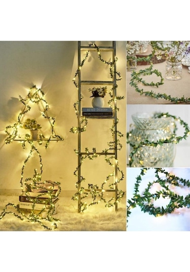 Tel Yaprak Şerit Yapay Taç Sarmaşık Süs 3mt 3mt Ledli Yeşil