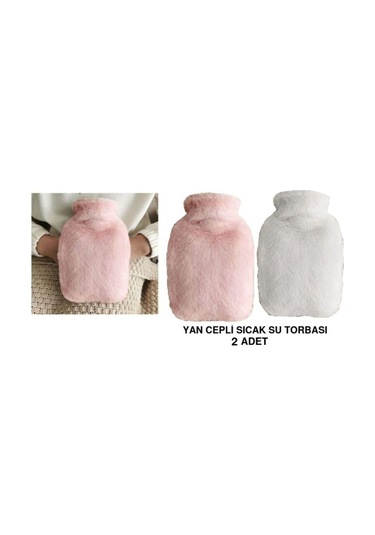 Sıcak Su Torbası 2 Adet,yan Cepli Peluş Termofor 27x17x2cm 750ml Pembe-beyaz