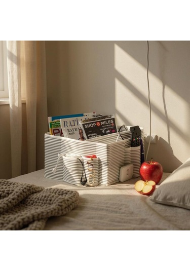 Başucu Düzenleyicisi Gri Çizgili Organizer Kutu Klasik 35x22x22 Cm Gri-beyaz