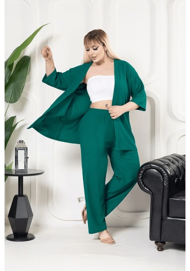 Bürümcük Kumaş Kimono Hırka Alt-üst Takım M-6xl Yeşil
