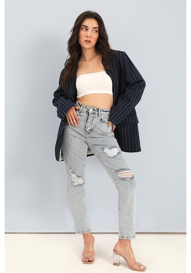 Blazer Ceket Çizgili Atlas Kumaş - Lacivert-lacivert Lacivert