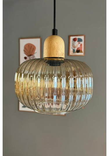 Mola Cam Bal Rengi Tekli Avize Kalın Ahşap Kafa Başlık Retro Sarkıt Lamba Restoran Salon Aydınlatma Bal