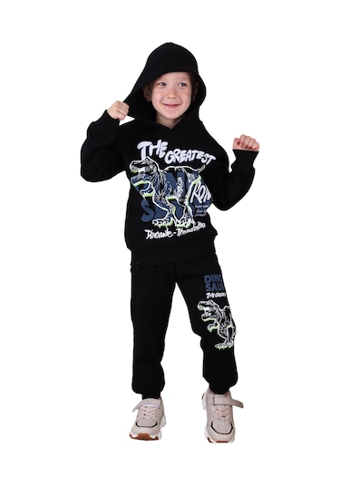 3 İp Şardonlu Kapüşonlu Dinozor Desen Sweatshirt Eşofman Alt Üst Takım Siyah Renk Siyah