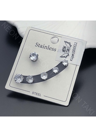 Çoklu, Zirkon Taşlı, Paslanmaz Çelik Küpe 522, Gümüş Renk Gümüş