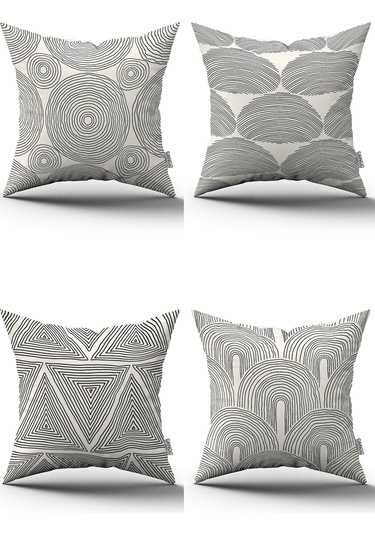 Krem Siyah Bohem İskandinav Desenli 4'lü Dijital Baskılı Kırlent Kılıfı Seti 4kmbs294 Krem
