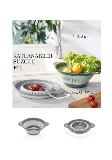 Pratik Yuvarlak Katlanır Akordeon Süzgeç - 1800ml Makarna Süzgeci