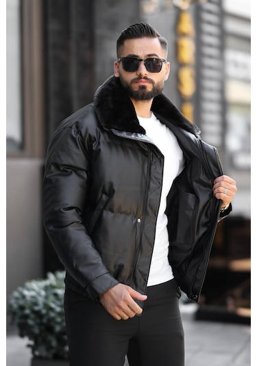 Erkek Kürk Yaka Su Ve Soğuk Geçirmez Dolum Deri Şişme Mont Siyah 001