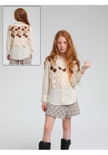 Kız Çocuk 2 Li Motifli Süveterli Tasarım Gömlek-13622 Bej